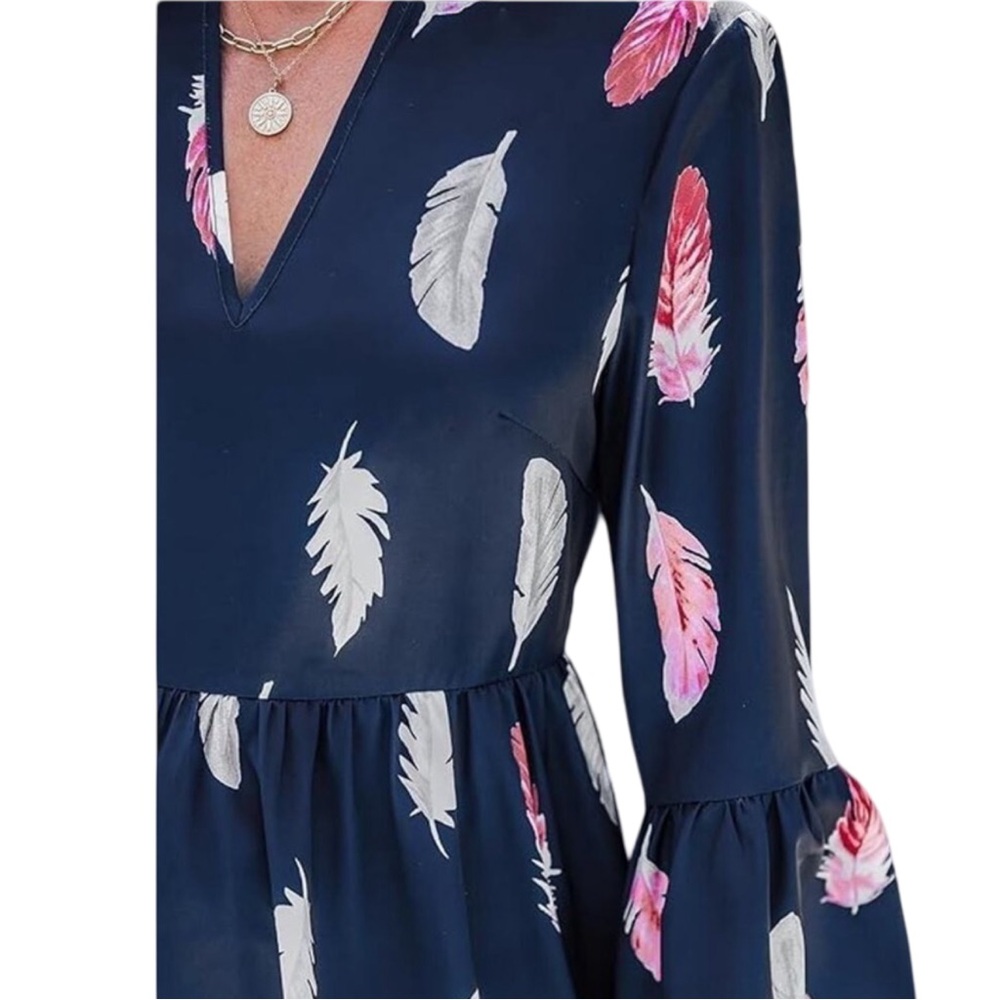 NWT Cupshe Feather Print Bell Sleeve Tiered Mini Dress Blue Pink L - Picture 6 of 6